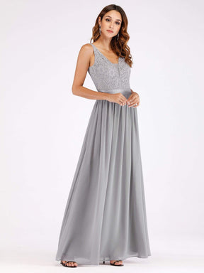 Color=Grey | Long Grey Evening Dress With Lace Bodice-Grey 5