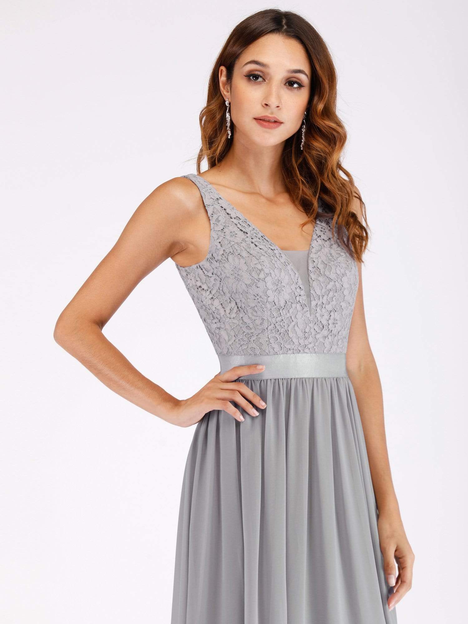 Color=Grey | Long Grey Evening Dress With Lace Bodice-Grey 6