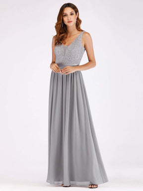 Color=Grey | Long Grey Evening Dress With Lace Bodice-Grey 1