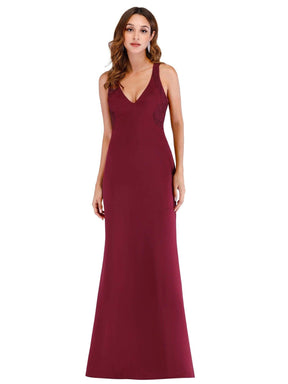 Color=Burgundy | Sexy Floor Length V Neck Fitted Formal Dress-Burgundy 2