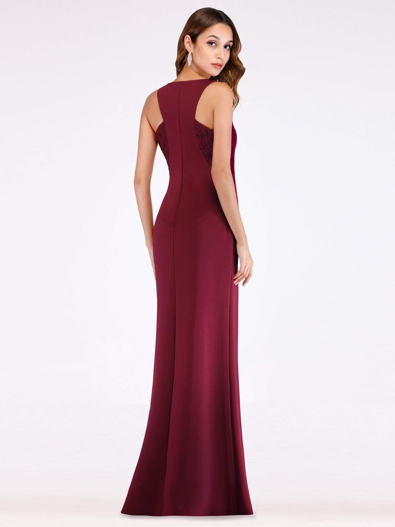 Color=Burgundy | Sexy Floor Length V Neck Fitted Formal Dress-Burgundy 3