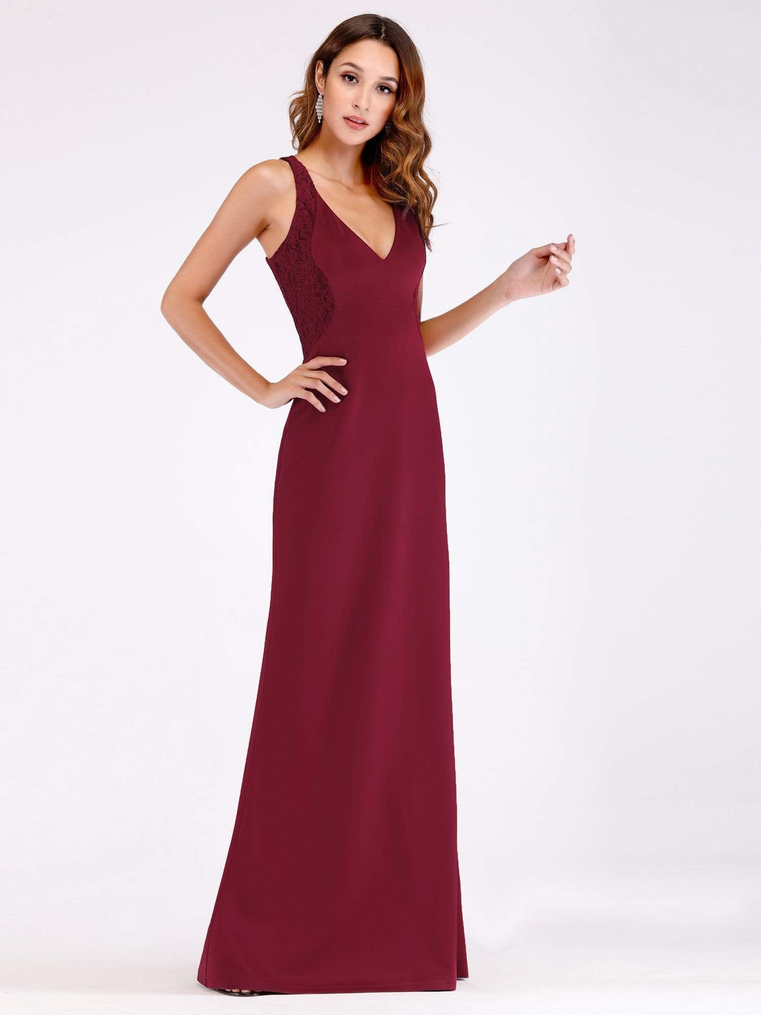 Color=Burgundy | Sexy Floor Length V Neck Fitted Formal Dress-Burgundy 4