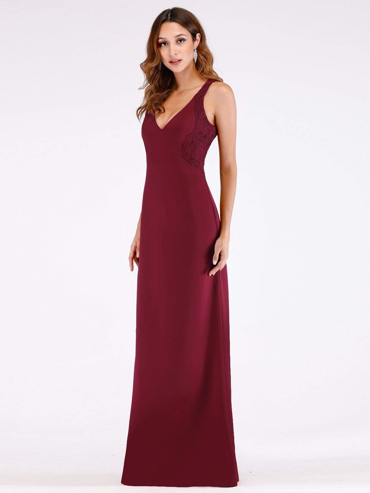 Color=Burgundy | Sexy Floor Length V Neck Fitted Formal Dress-Burgundy 5