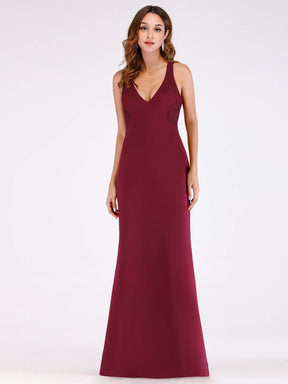 Color=Burgundy | Sexy Floor Length V Neck Fitted Formal Dress-Burgundy 1