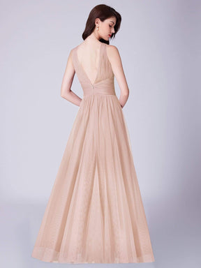 COLOR=Blush | Long Evening Dress With Ruched Bust & V Neck-Blush 2