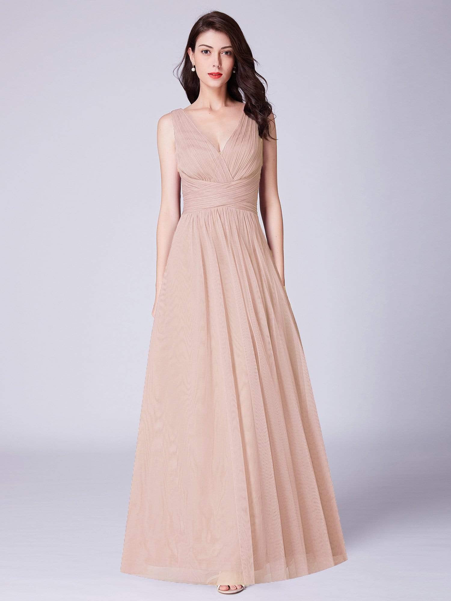 COLOR=Blush | Long Evening Dress With Ruched Bust & V Neck-Blush 3