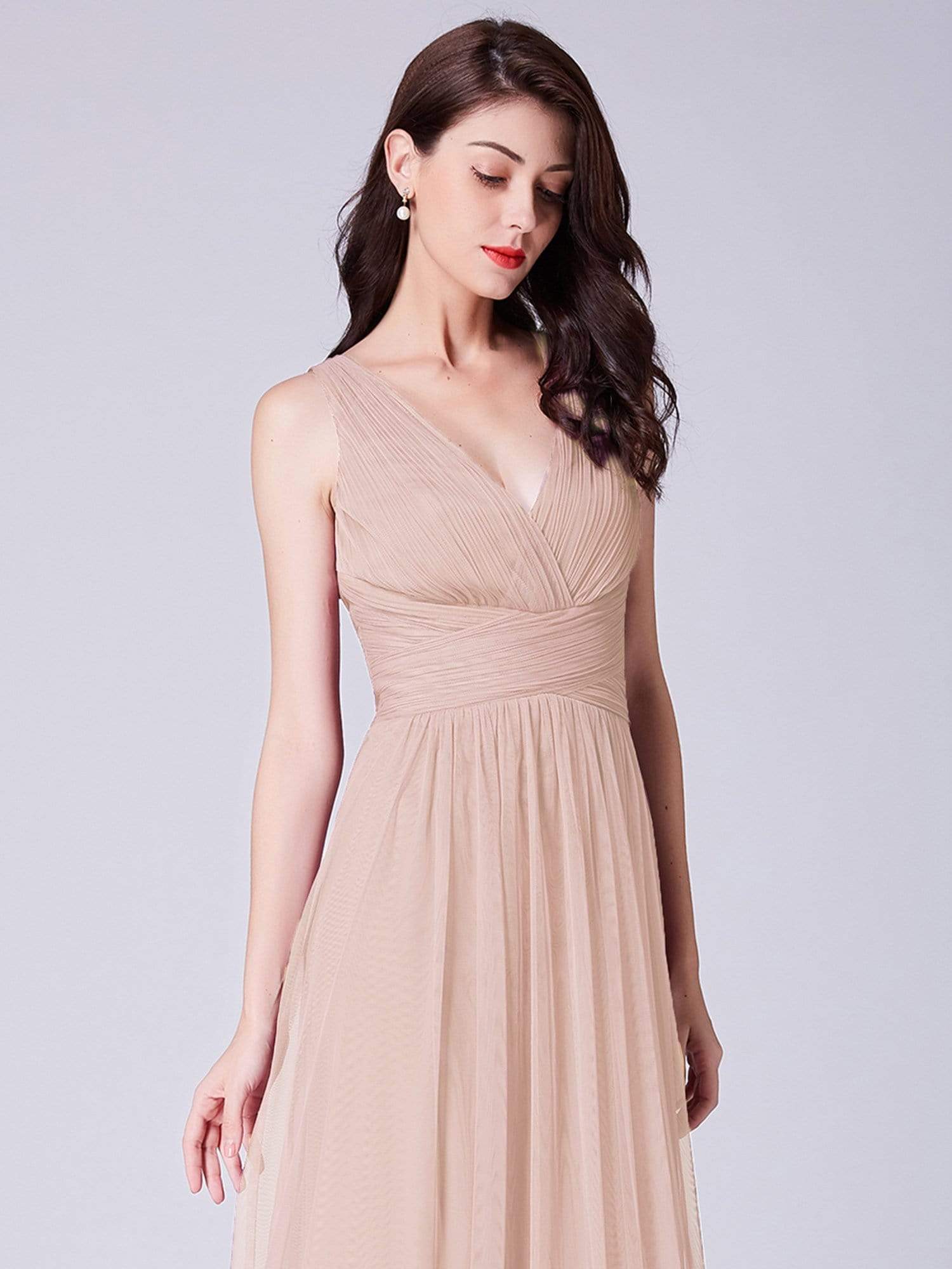 COLOR=Blush | Long Evening Dress With Ruched Bust & V Neck-Blush 5