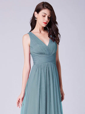 COLOR=Dusty Blue | Long Evening Dress With Ruched Bust & V Neck-Dusty Blue 5