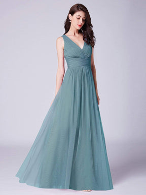 COLOR=Dusty Blue | Long Evening Dress With Ruched Bust & V Neck-Dusty Blue 1