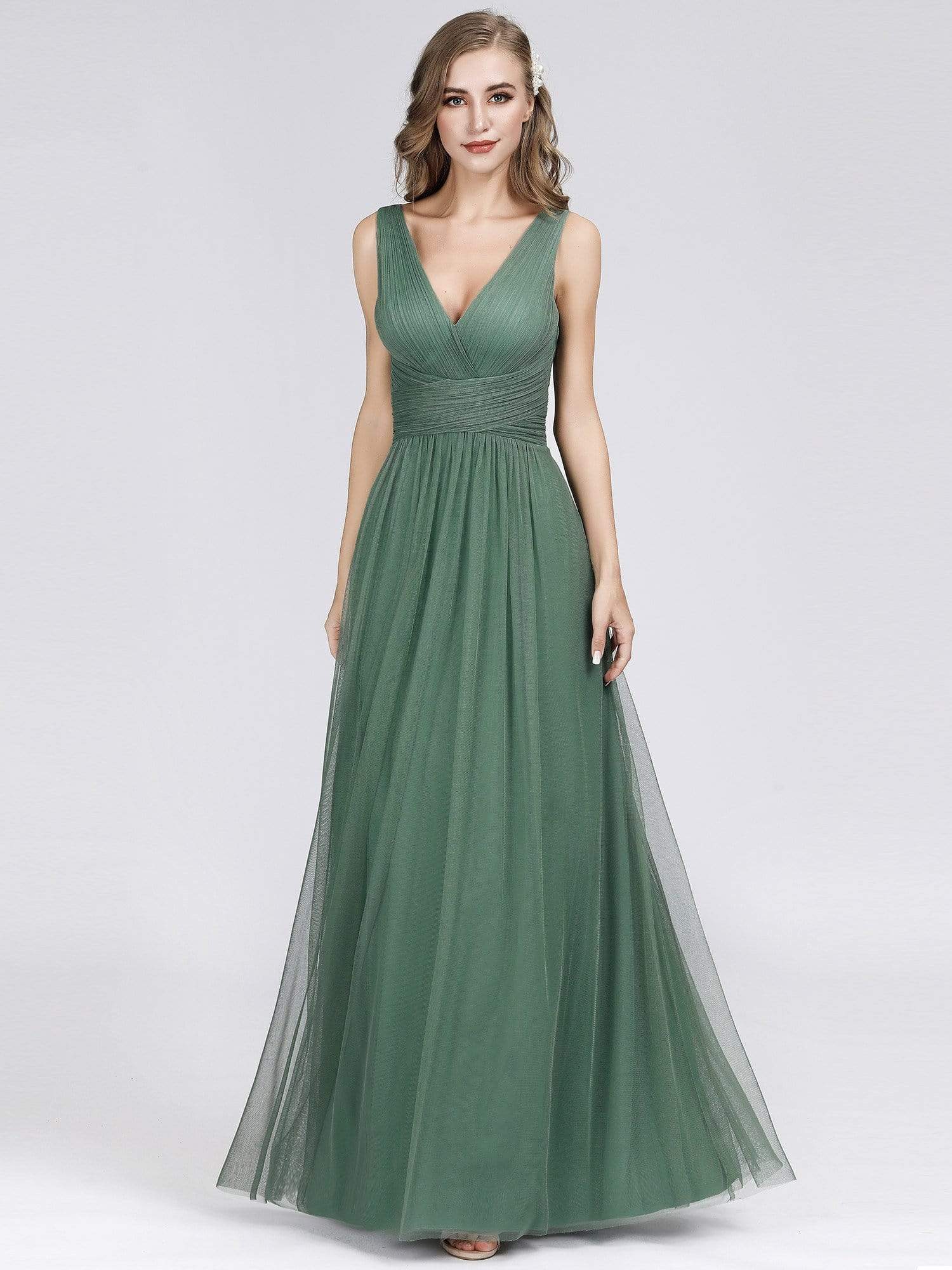 COLOR=Green Bean | Long Evening Dress With Ruched Bust & V Neck-Green Bean 3