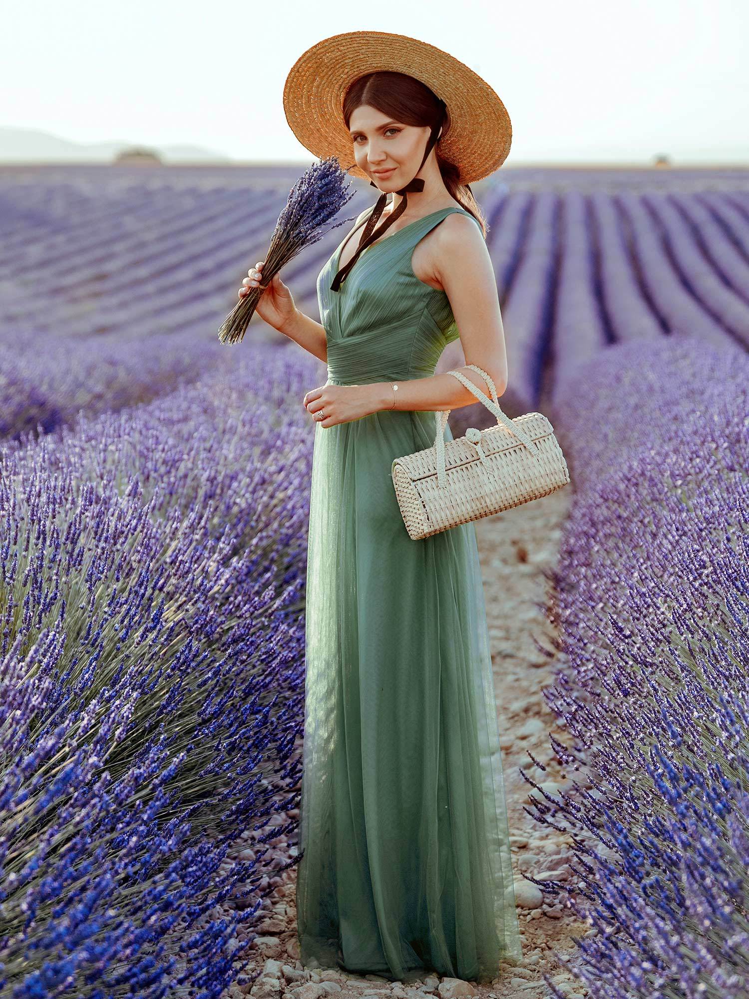 COLOR=Green Bean | Long Evening Dress With Ruched Bust & V Neck-Green Bean 1