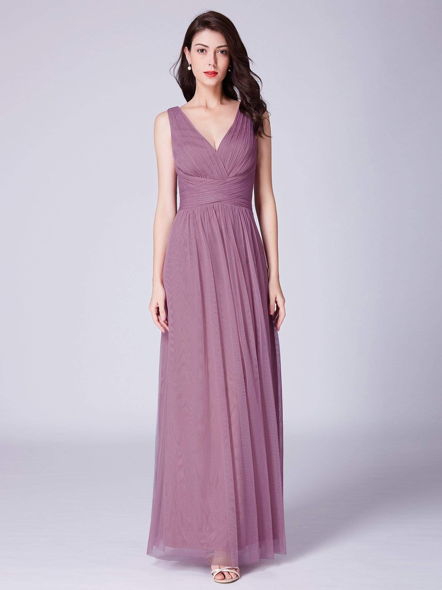 COLOR=Purple Orchid | Long Evening Dress With Ruched Bust & V Neck-Purple Orchid 4
