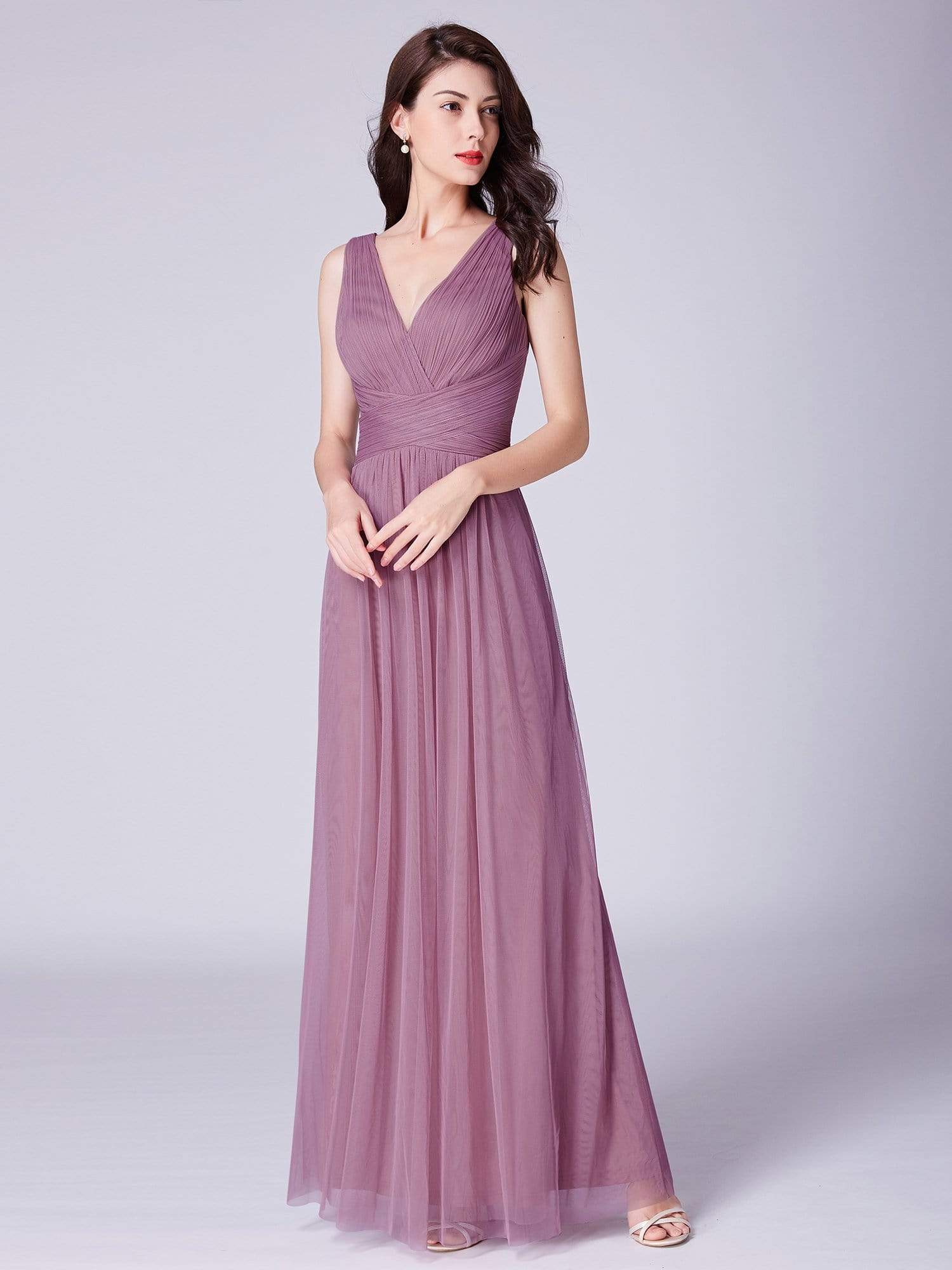 COLOR=Purple Orchid | Long Evening Dress With Ruched Bust & V Neck-Purple Orchid 5