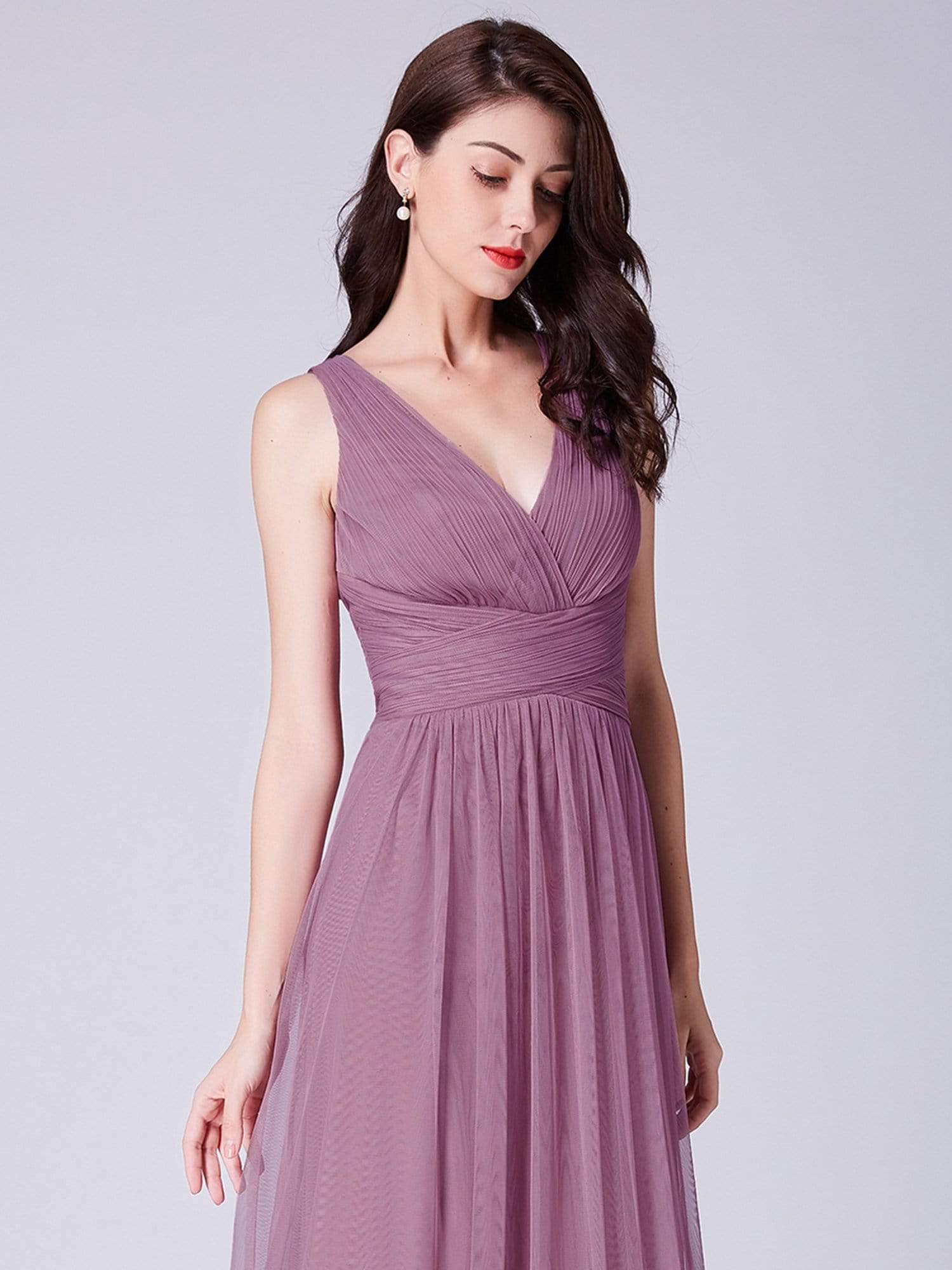 COLOR=Purple Orchid | Long Evening Dress With Ruched Bust & V Neck-Purple Orchid 6