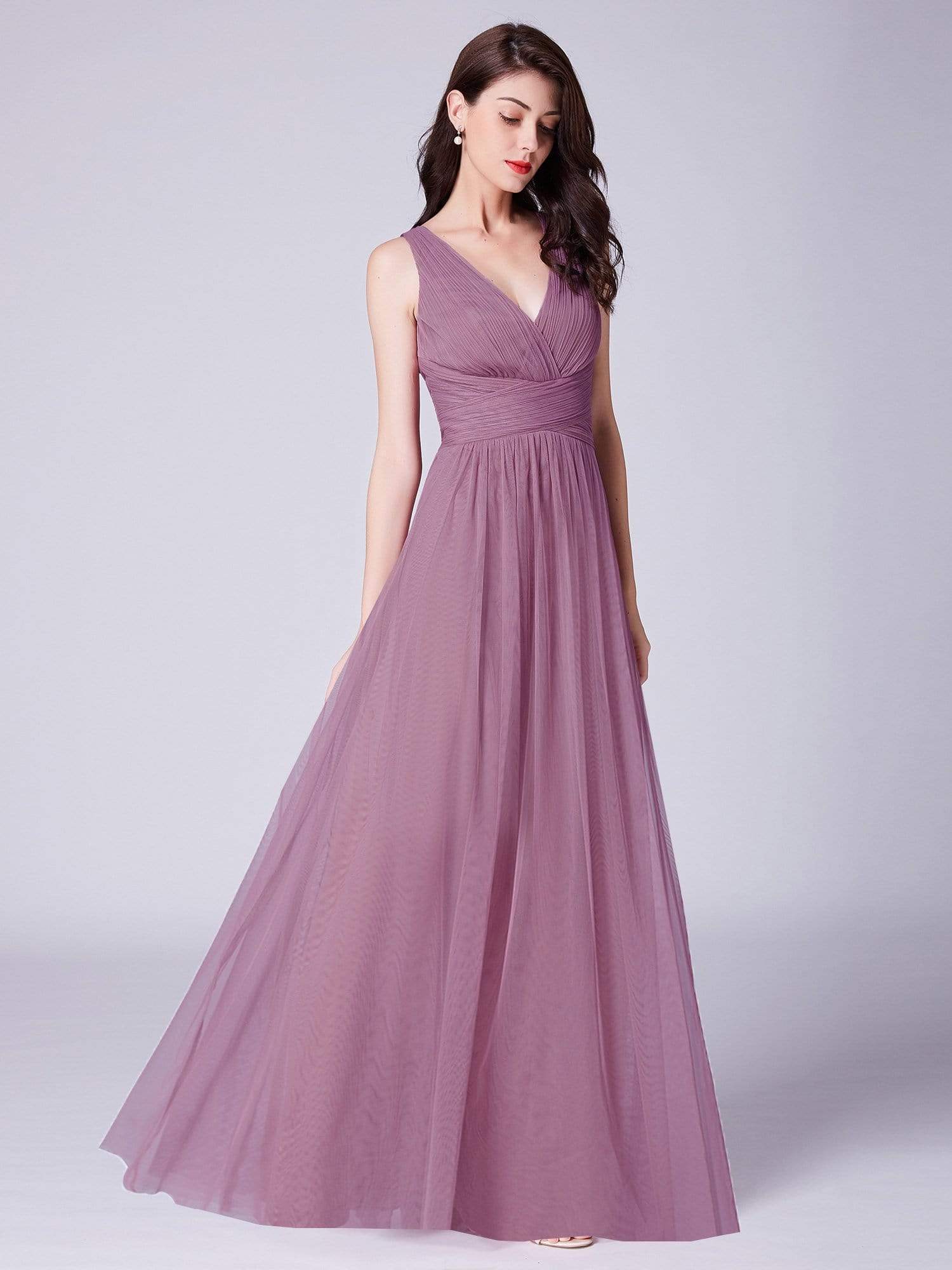 COLOR=Purple Orchid | Long Evening Dress With Ruched Bust & V Neck-Purple Orchid 2