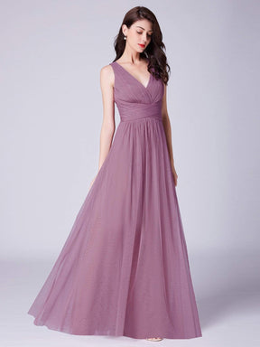 COLOR=Purple Orchid | Long Evening Dress With Ruched Bust & V Neck-Purple Orchid 2