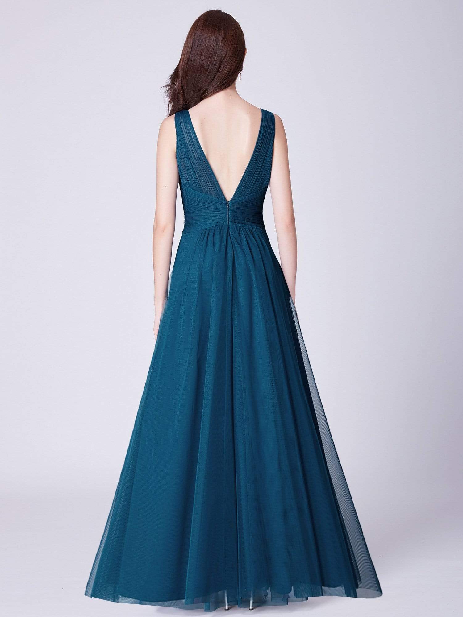 COLOR=Teal | Long Evening Dress With Ruched Bust & V Neck-Teal 3