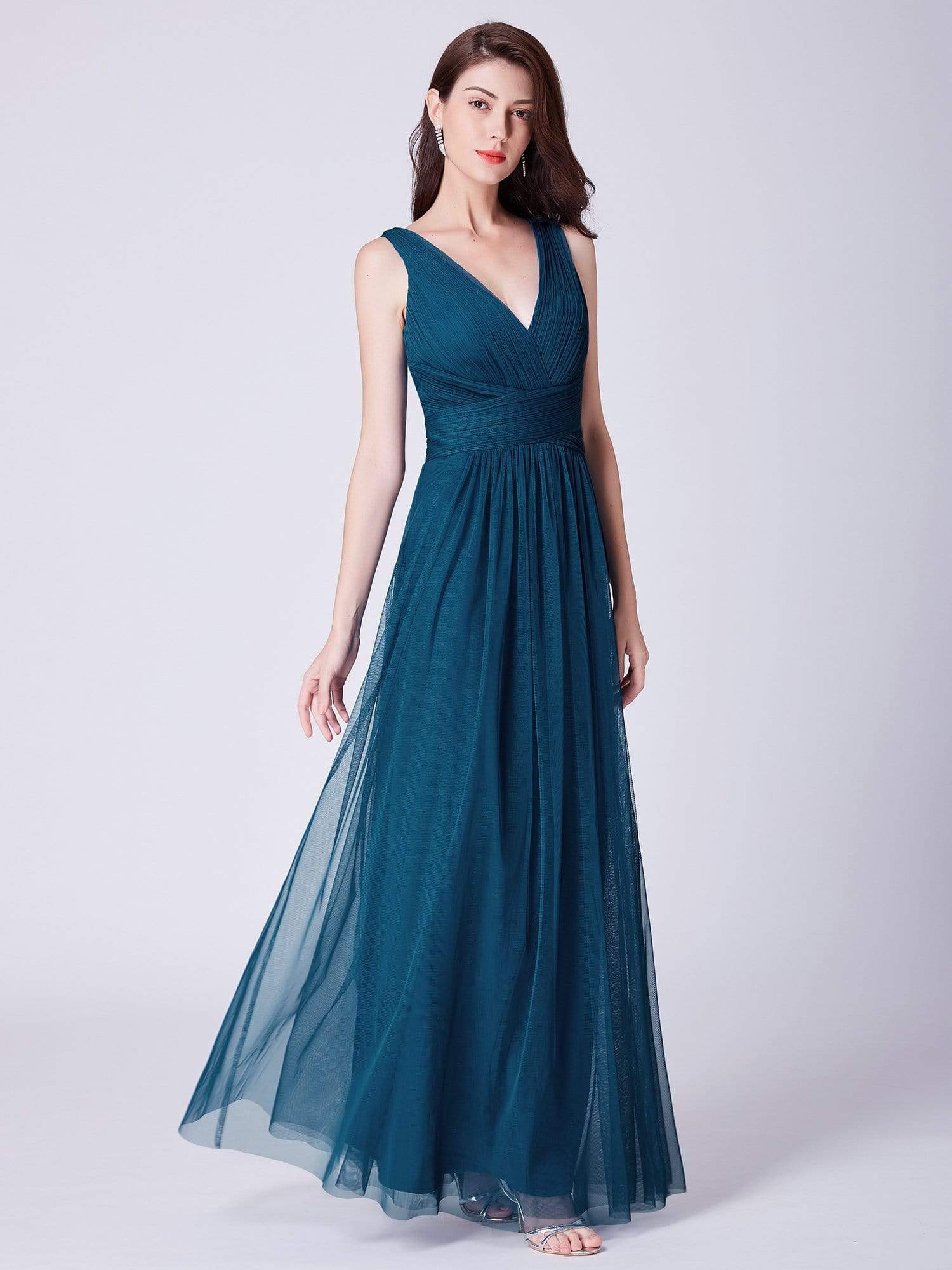 COLOR=Teal | Long Evening Dress With Ruched Bust & V Neck-Teal 4