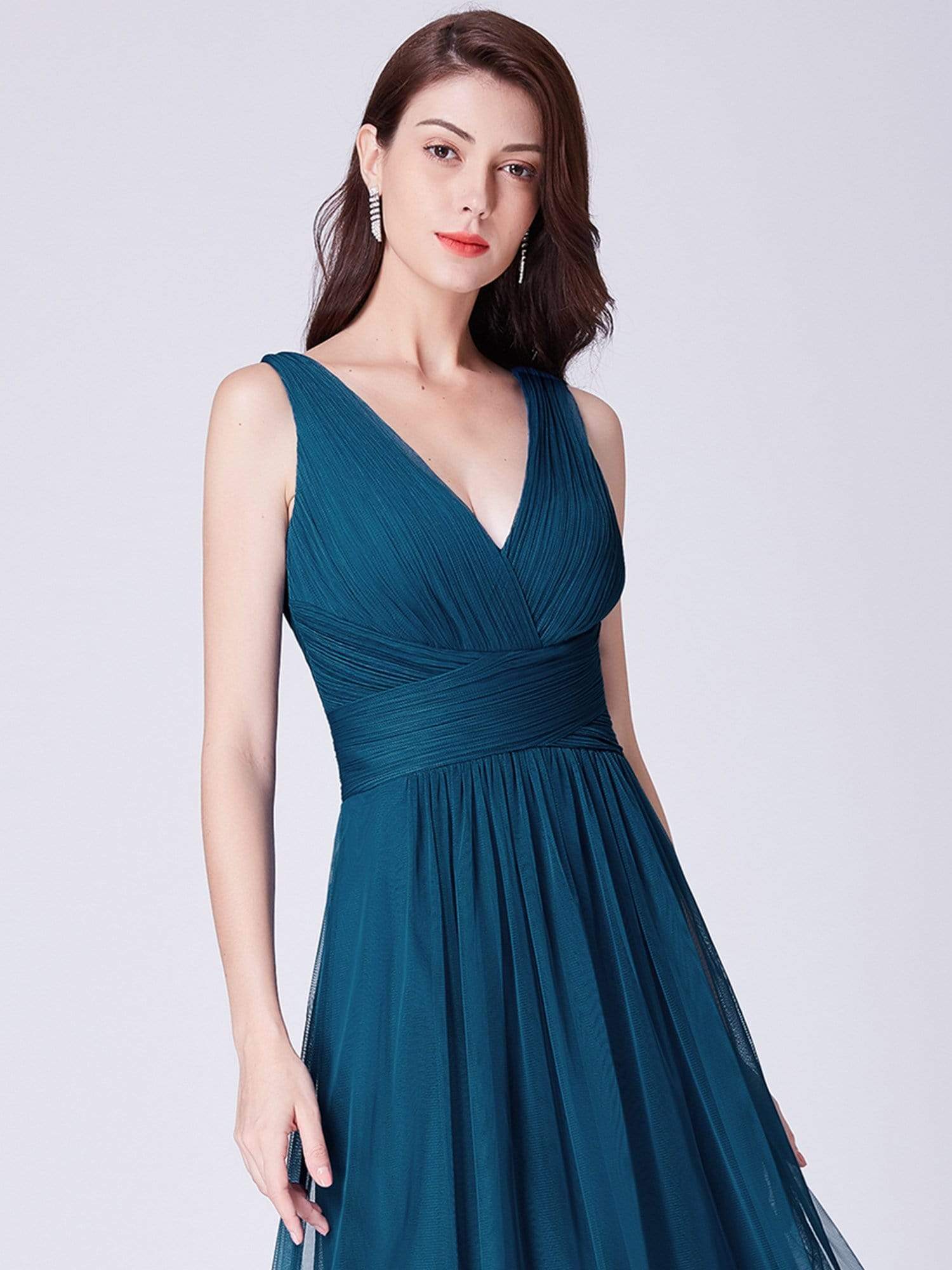 COLOR=Teal | Long Evening Dress With Ruched Bust & V Neck-Teal 5