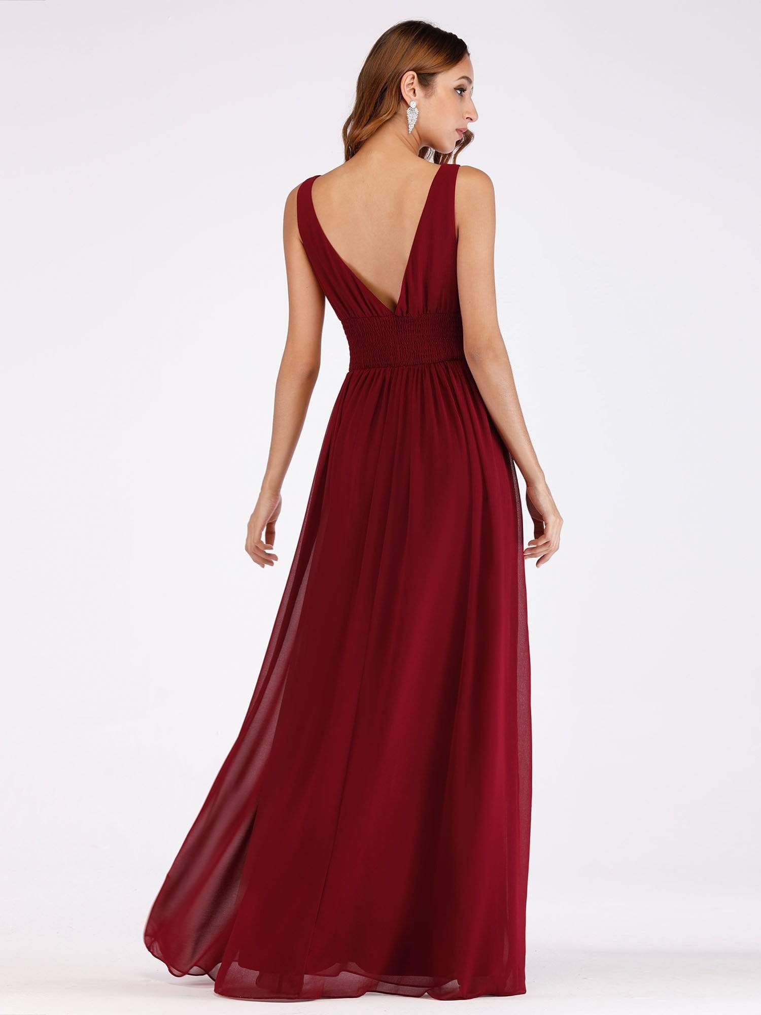 Color=Burgundy | Floor Length Semi Formal Stretchy Maxi Dress-Burgundy 3