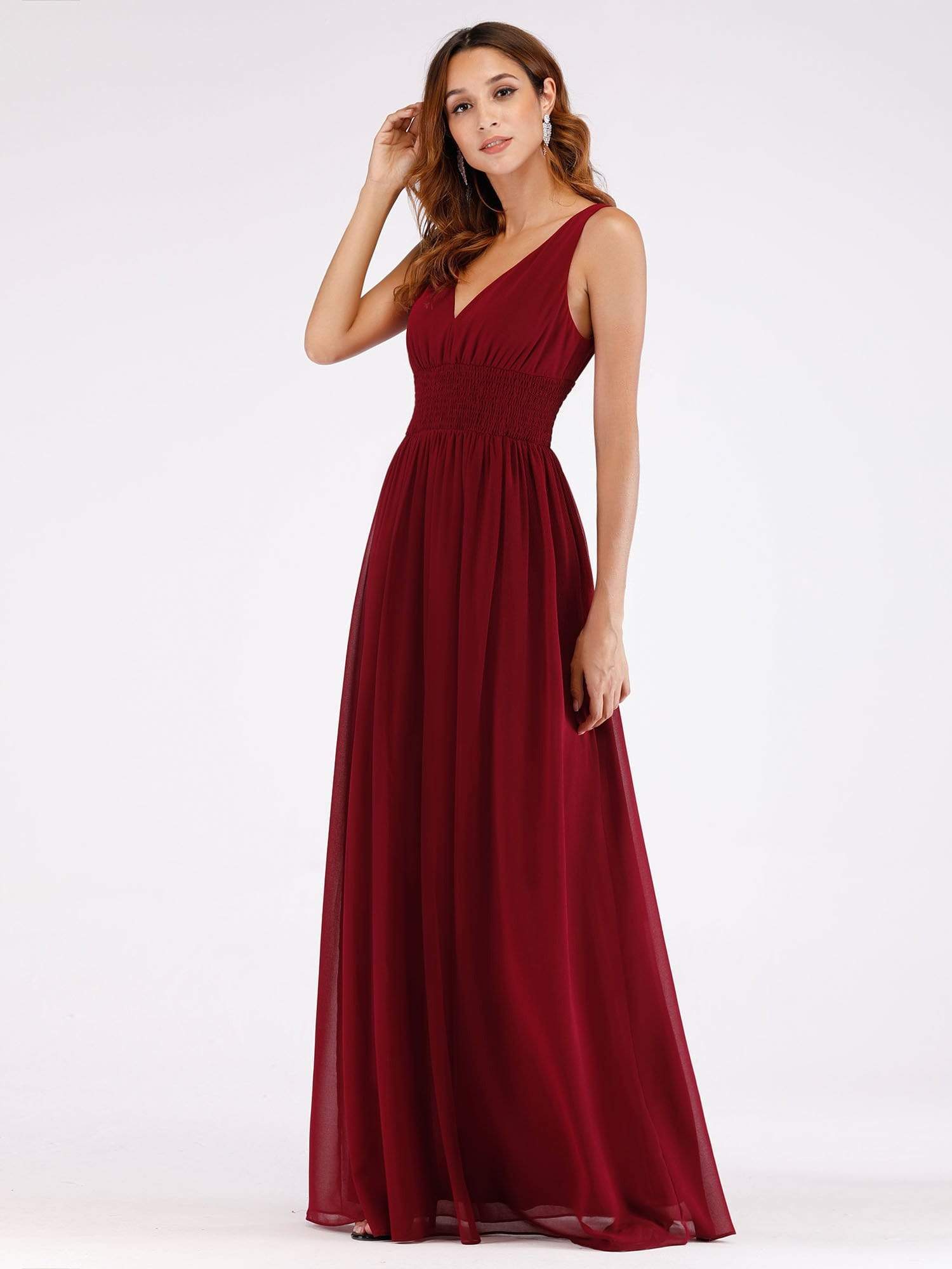 Color=Burgundy | Floor Length Semi Formal Stretchy Maxi Dress-Burgundy 4