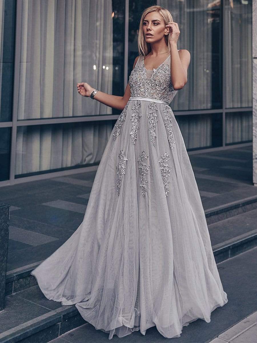 COLOR=Grey | Maxi Long Elegant Ethereal Tulle Evening Dresses-Grey 1
