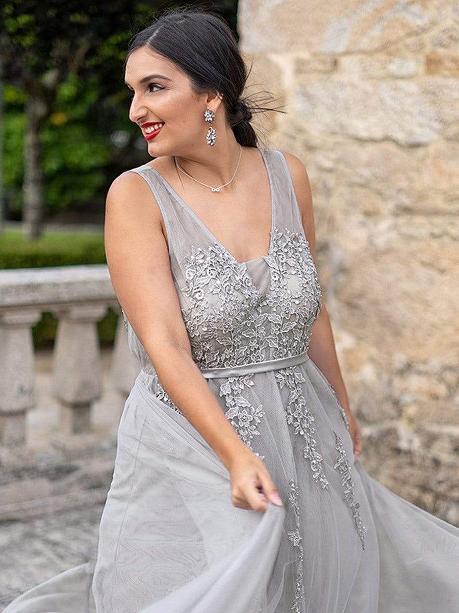 COLOR=Grey | Maxi Long Elegant Ethereal Plus Size Tulle Evening Dresses-Grey 2