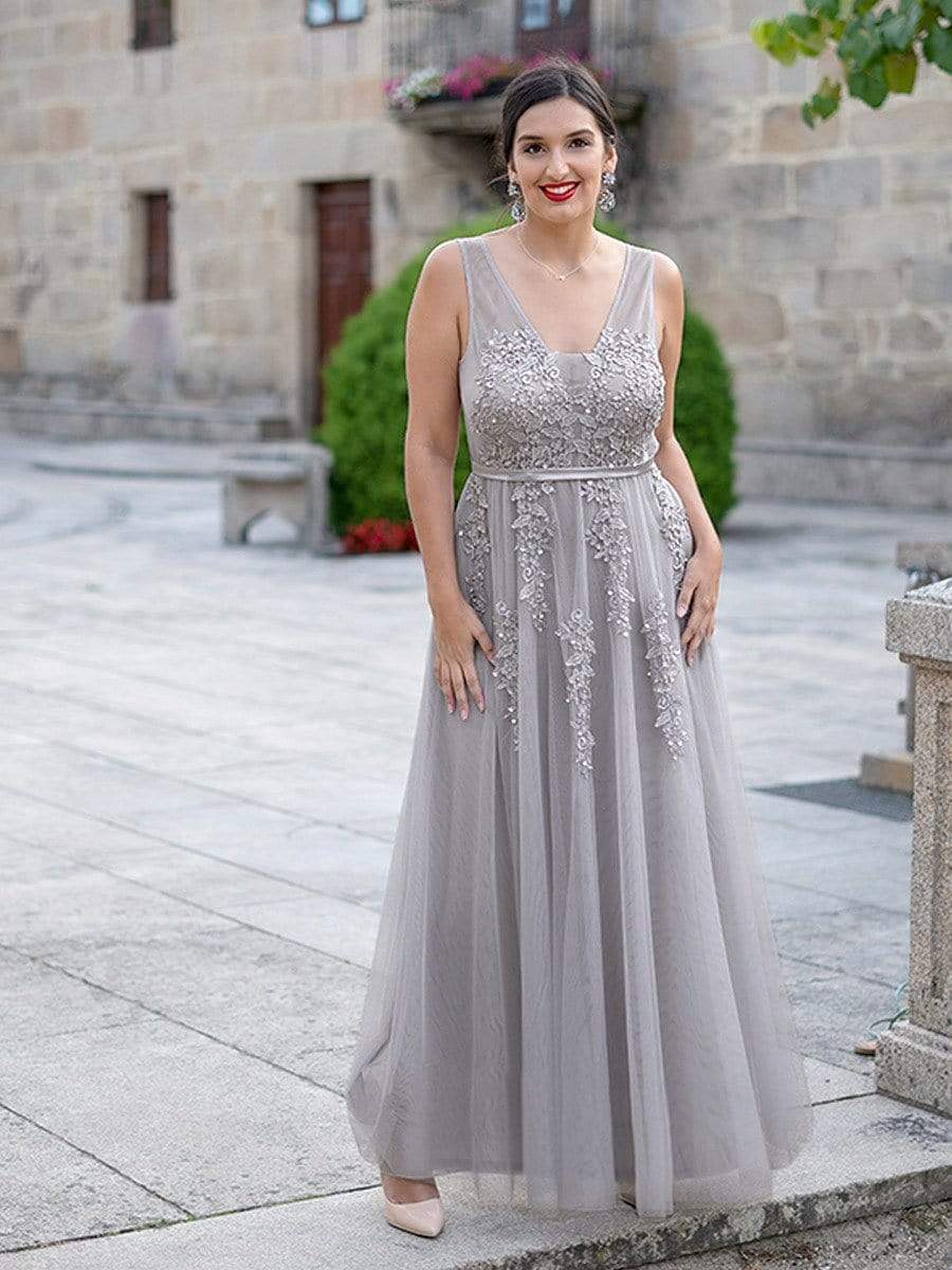 COLOR=Grey | Maxi Long Elegant Ethereal Plus Size Tulle Evening Dresses-Grey 4