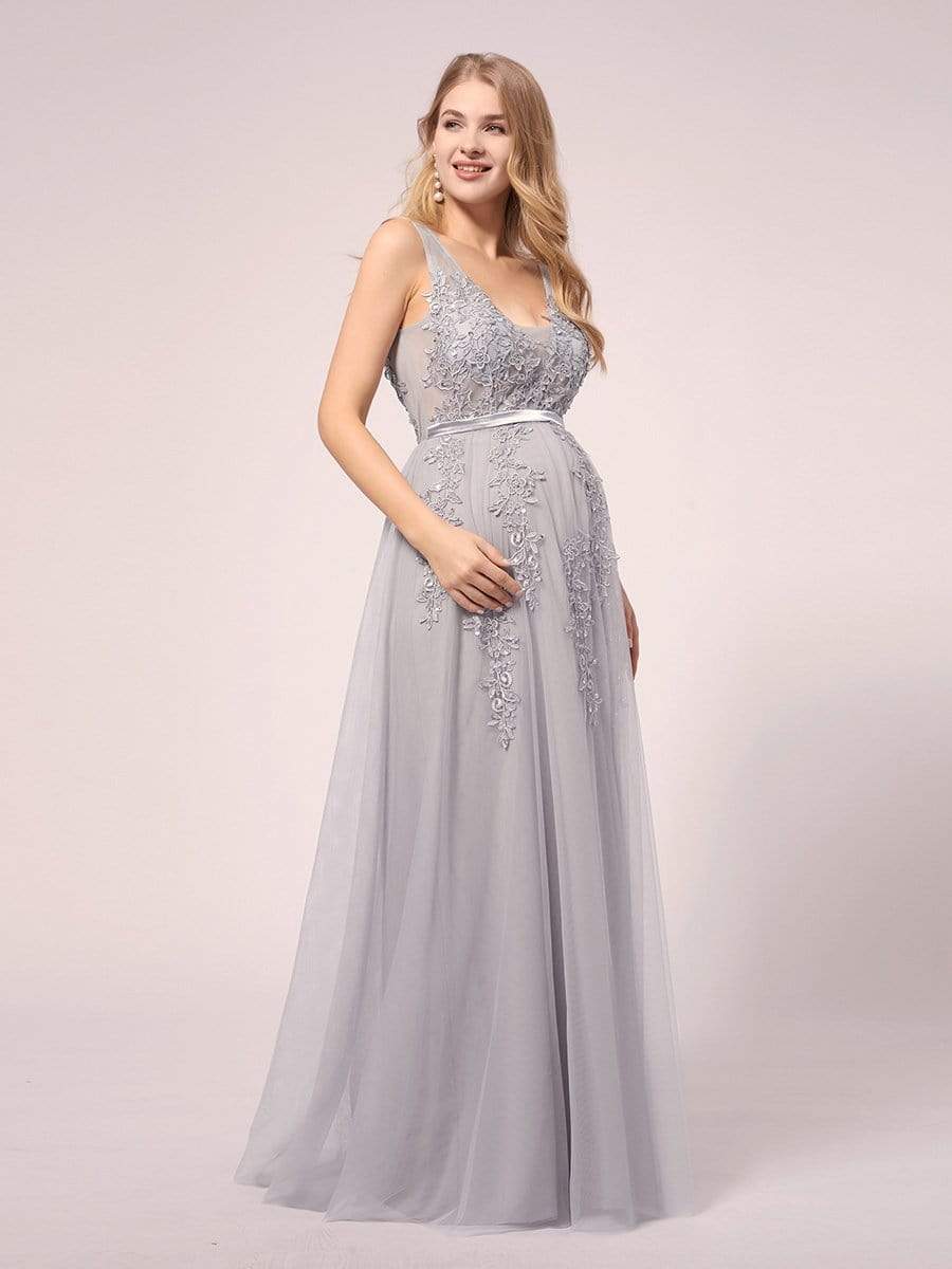 COLOR=Grey | Sexy See through Applique Tulle Maternity Dresses-Grey 1