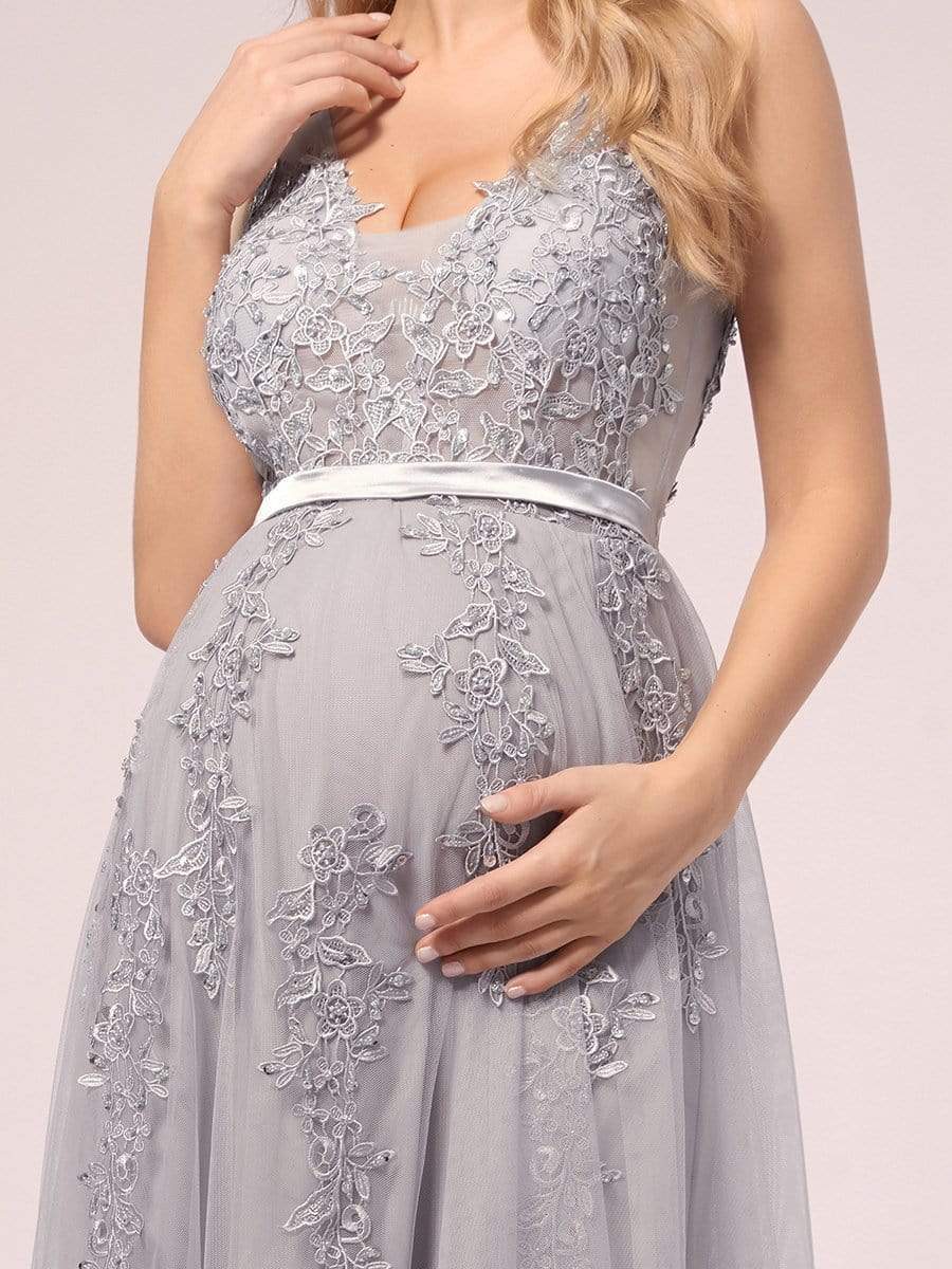 COLOR=Grey | Sexy See through Applique Tulle Maternity Dresses-Grey 5