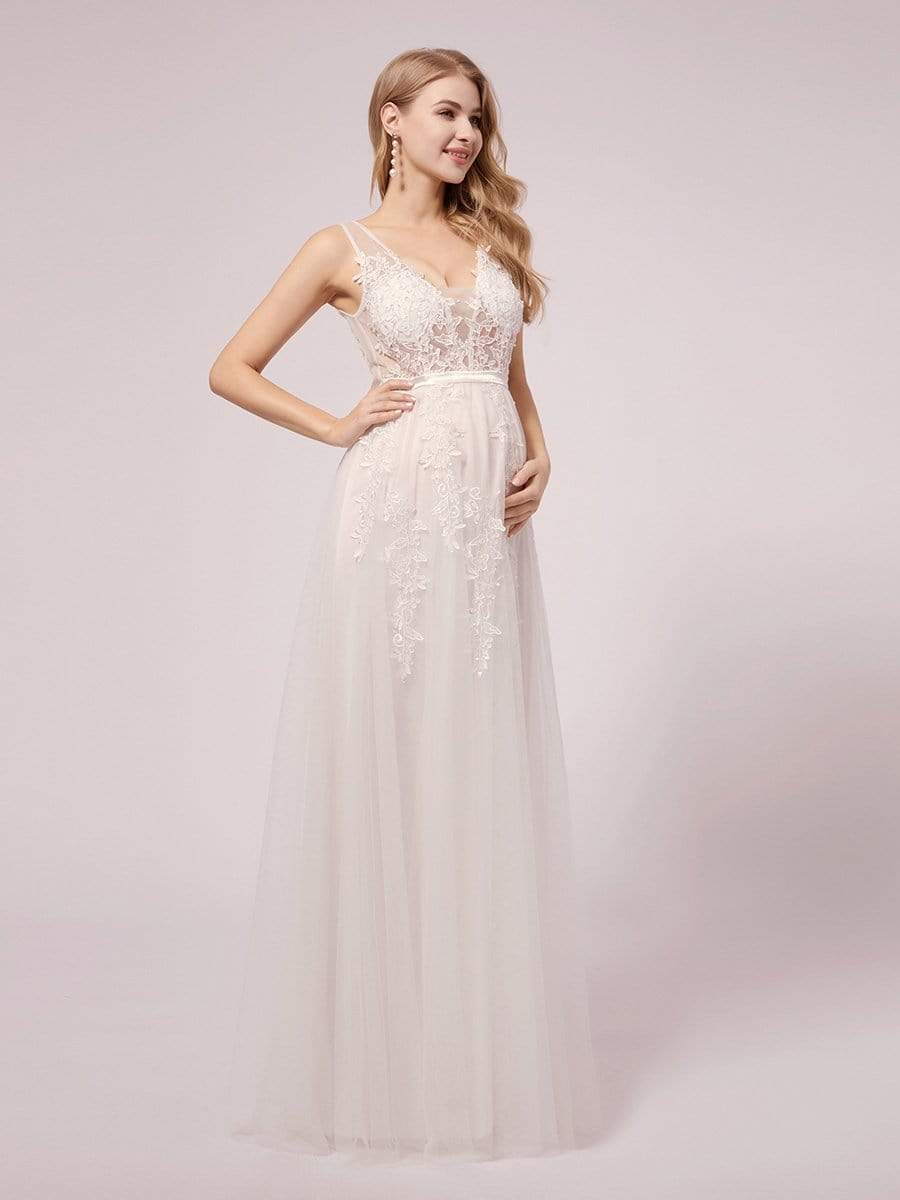 COLOR=White | Sexy See through Applique Tulle Maternity Dresses-White 2
