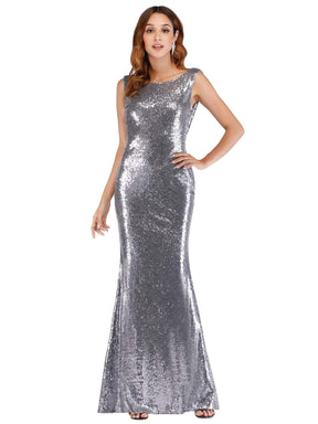 Color=Silver | Fitted Silver Sequin Evening Dress With Open Back-Silver 7