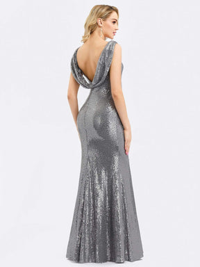 Color=Silver | Fitted Silver Sequin Evening Dress With Open Back-Silver 3