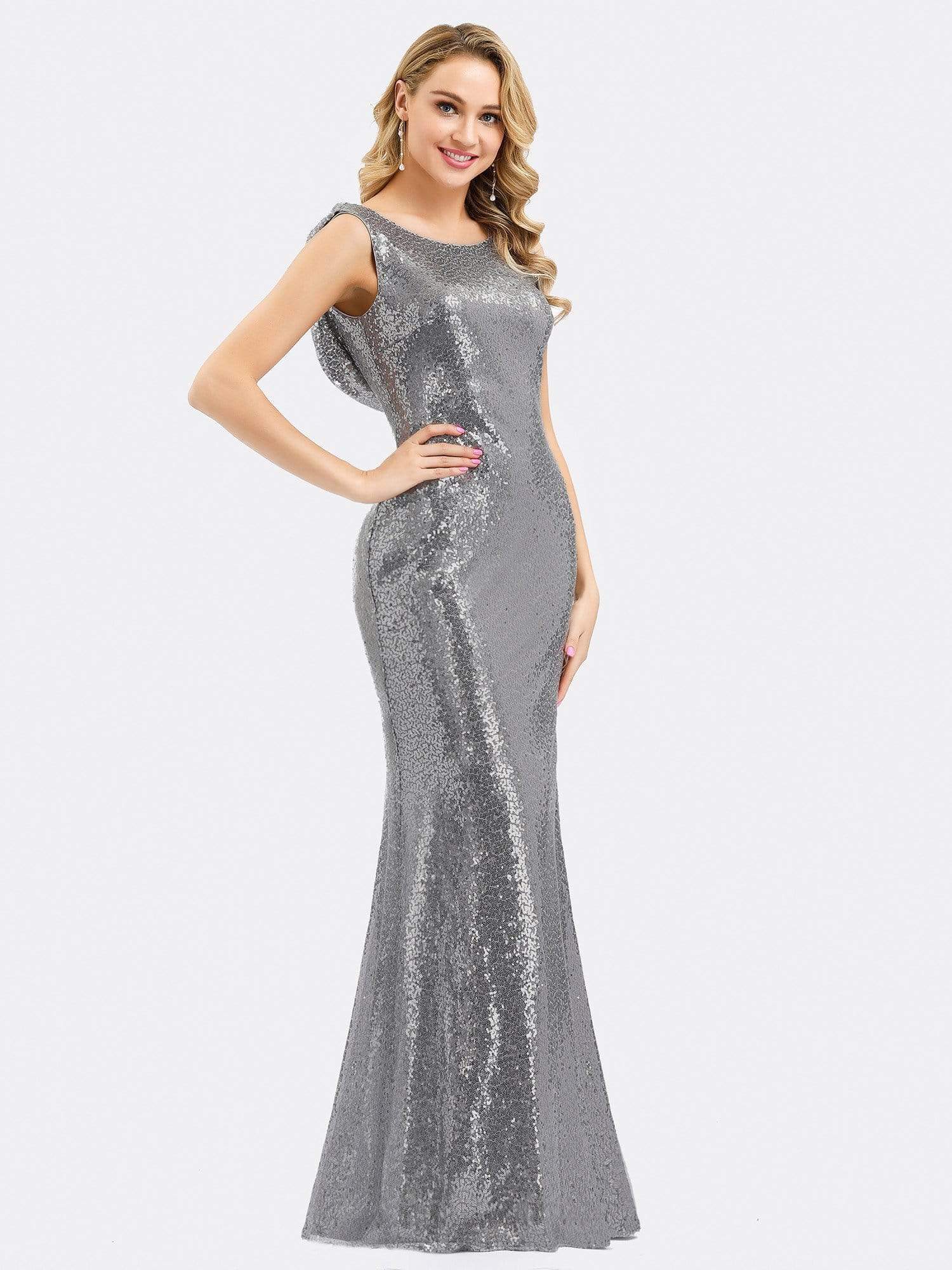 Color=Silver | Fitted Silver Sequin Evening Dress With Open Back-Silver 2