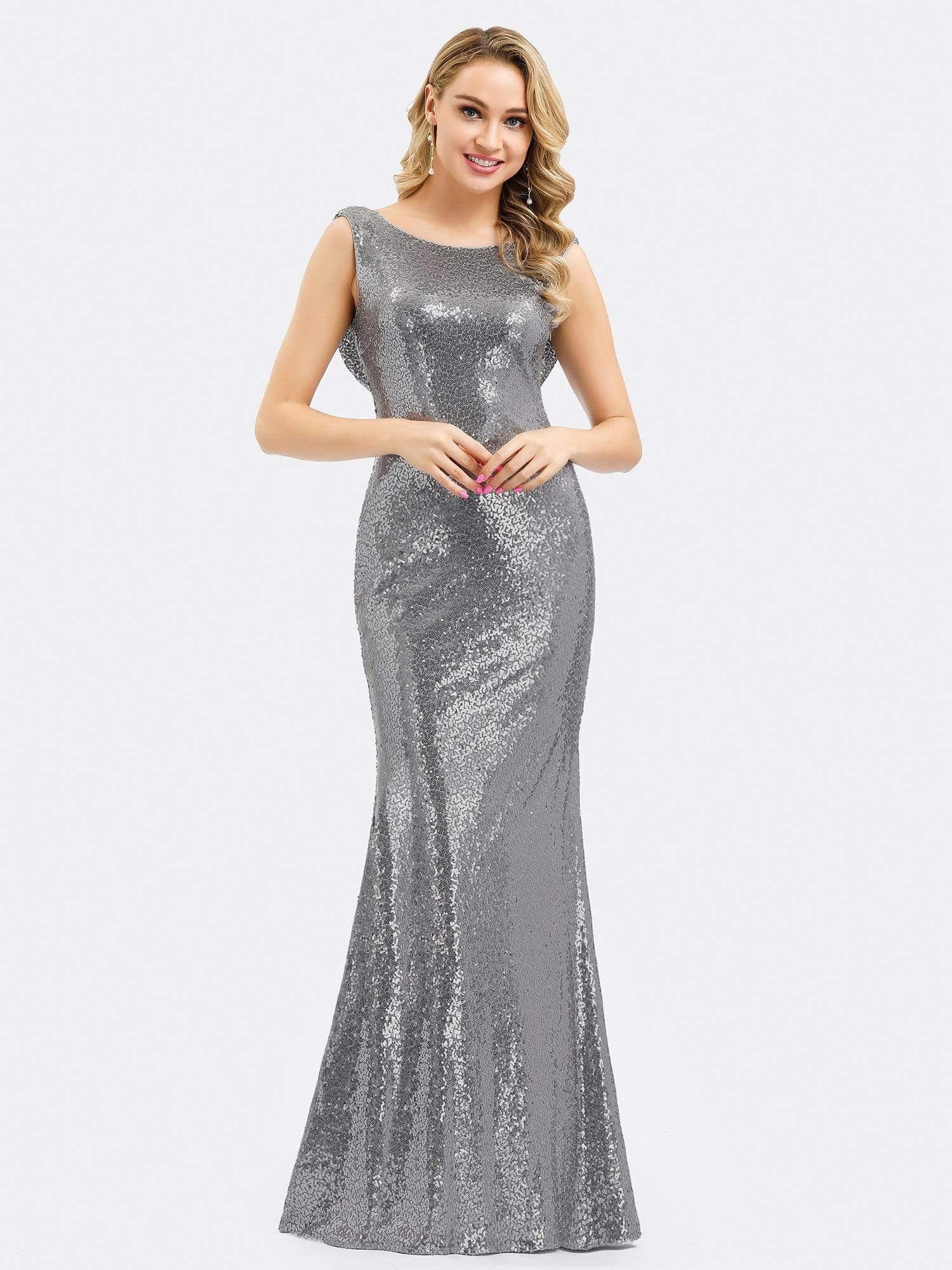 Color=Silver | Fitted Silver Sequin Evening Dress With Open Back-Silver 4