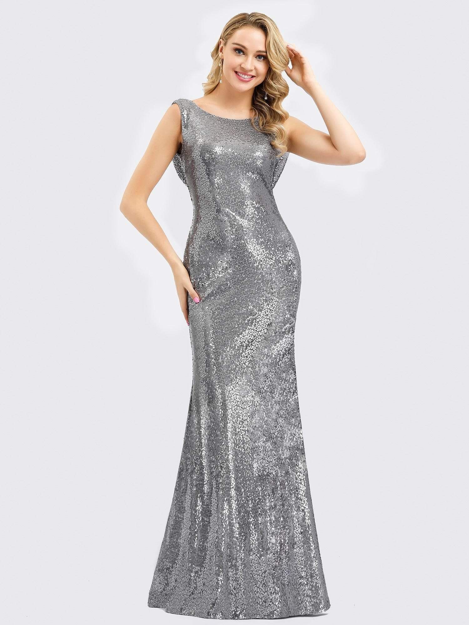 Color=Silver | Fitted Silver Sequin Evening Dress With Open Back-Silver 1