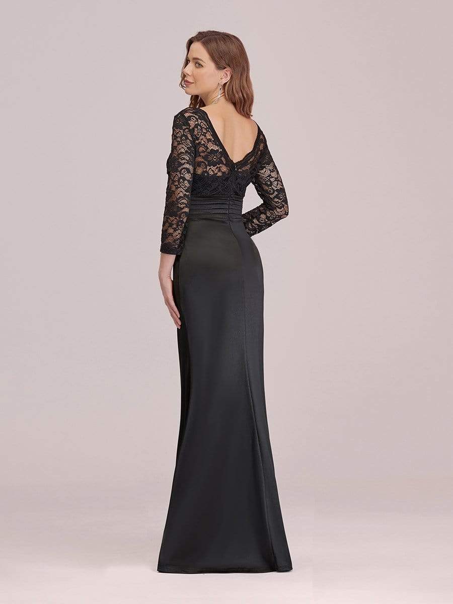 COLOR=Black | Long Sleeve Lace & Satin Evening Gown-Black 2