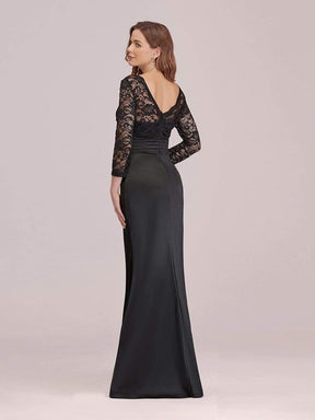 COLOR=Black | Long Sleeve Lace & Satin Evening Gown-Black 2