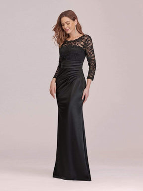 COLOR=Black | Long Sleeve Lace & Satin Evening Gown-Black 3