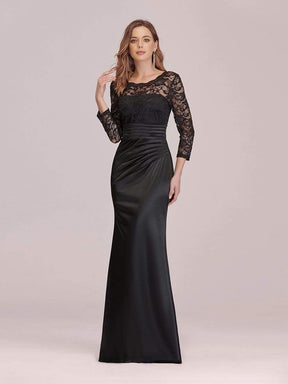 COLOR=Black | Long Sleeve Lace & Satin Evening Gown-Black 4