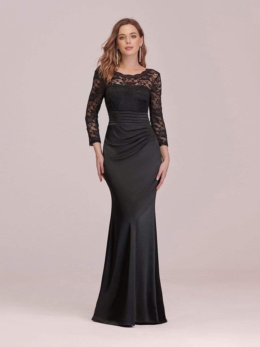 COLOR=Black | Long Sleeve Lace & Satin Evening Gown-Black 1