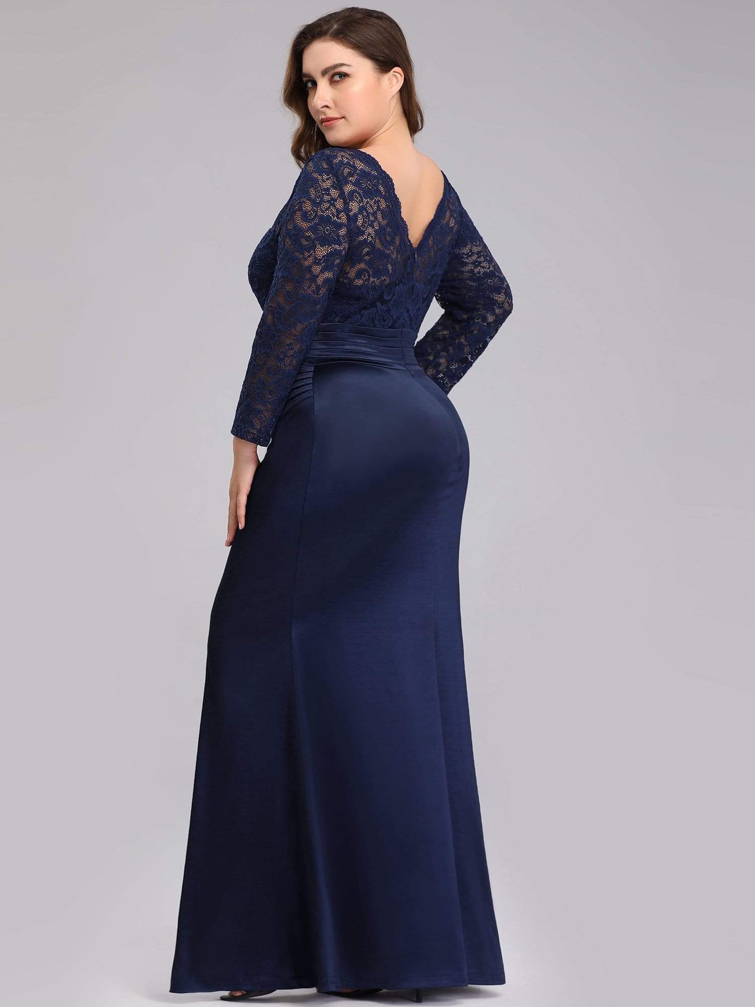 Color=Navy Blue | Plus Size Long Sleeve Lace & Satin Evening Gown-Navy Blue 2