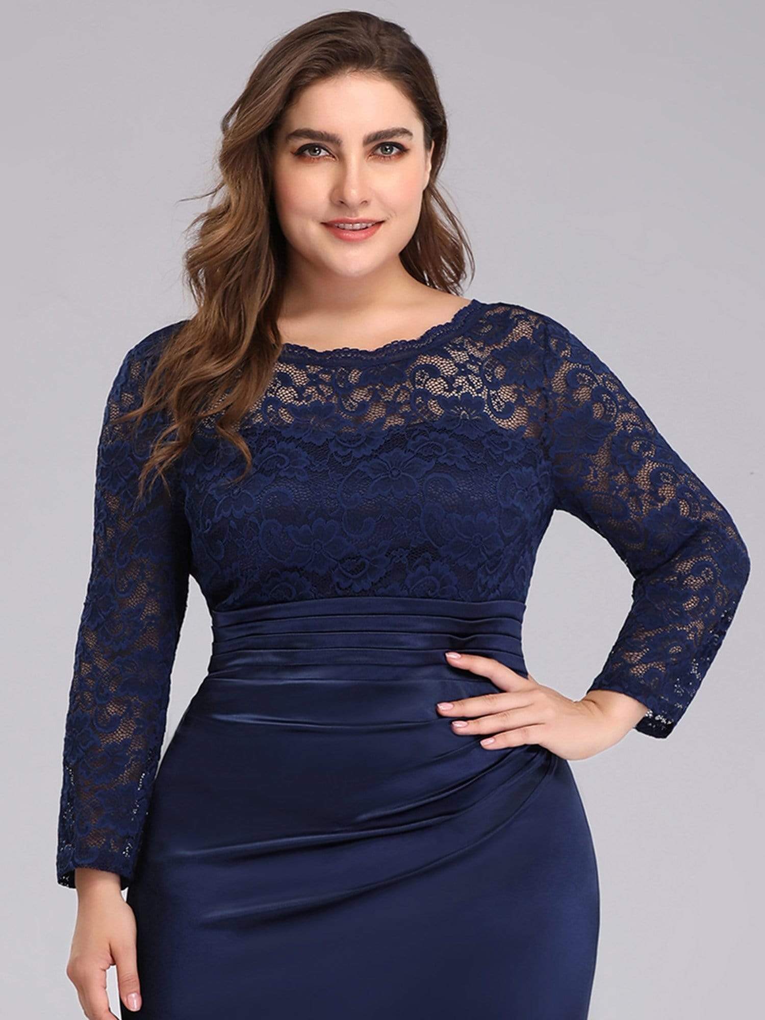 Color=Navy Blue | Plus Size Long Sleeve Lace & Satin Evening Gown-Navy Blue 5