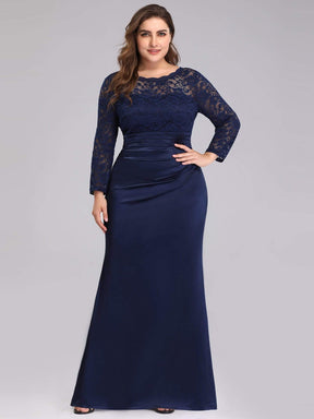 Color=Navy Blue | Plus Size Long Sleeve Lace & Satin Evening Gown-Navy Blue 1