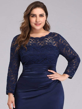 COLOR=Navy Blue | Long Sleeve Lace & Satin Evening Gown-Navy Blue 5