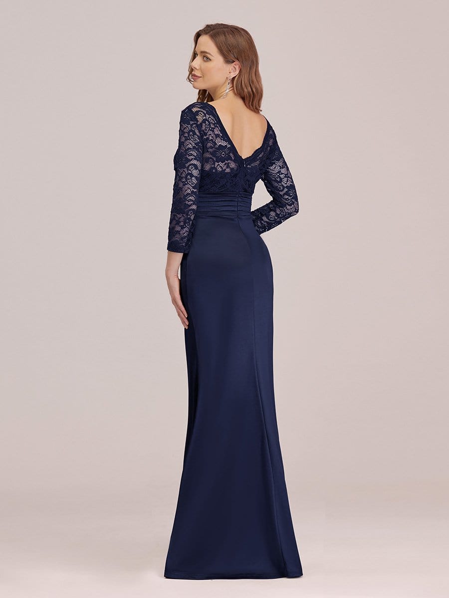 COLOR=Navy Blue | Long Sleeve Lace & Satin Evening Gown-Navy Blue 2