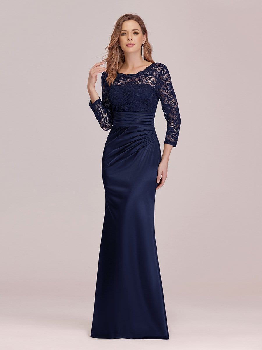 See Through Neckline Lace Satin Evening Gown with Long Sleeve