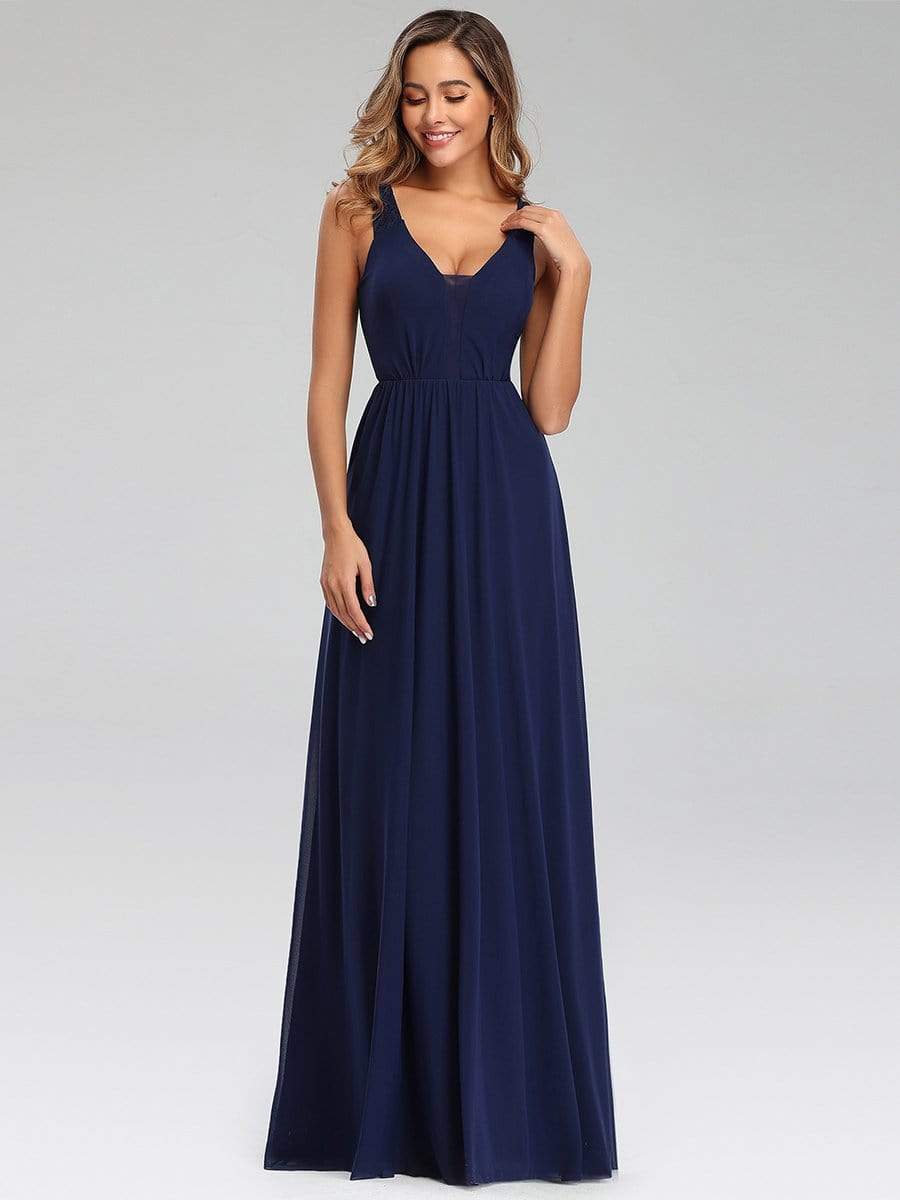 Color=Navy Blue | Lace & Chiffon Long Formal Maxi Dress-Navy Blue 4
