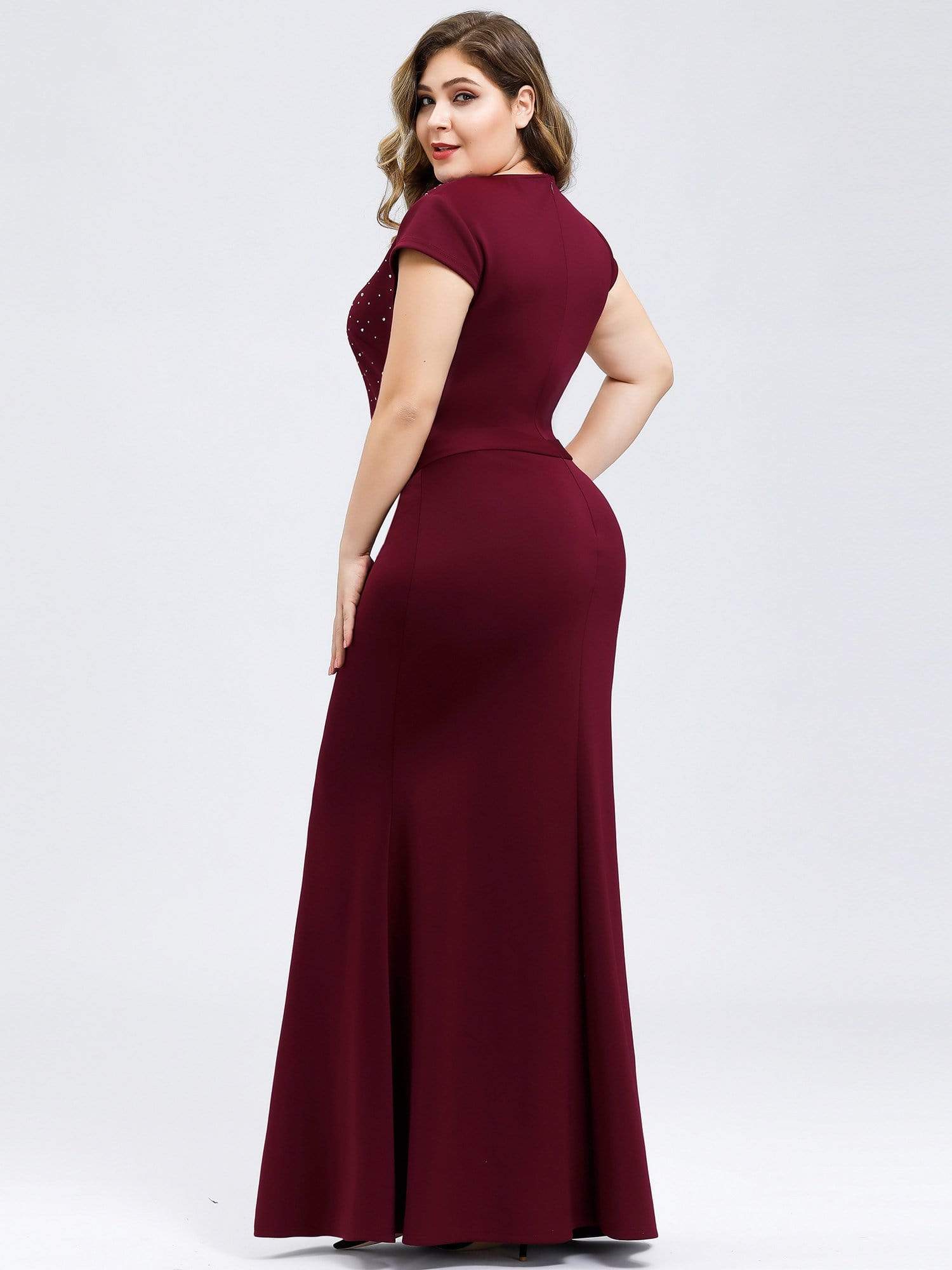 Color=Burgundy | V Neck Fishtail Plus Size Evening Dress-Burgundy 2