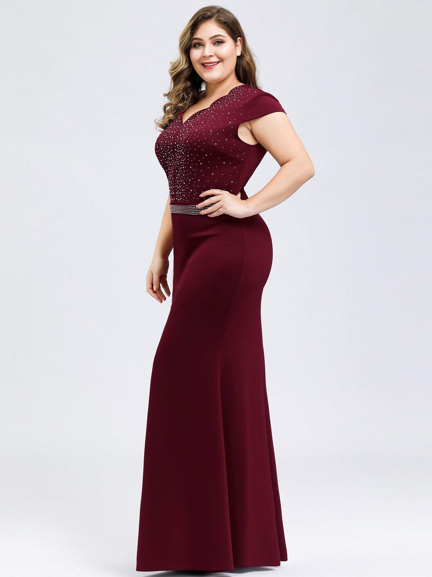 Color=Burgundy | V Neck Fishtail Plus Size Evening Dress-Burgundy 3